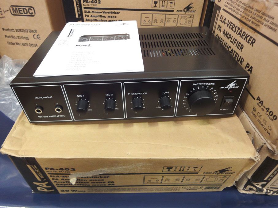2x Monacor PA-402 mono PA amplifiers, 20W RMS (box...