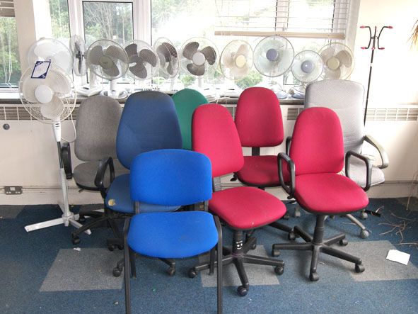 Qty upholstered swivel chairs & fans