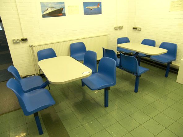 Canteen tables / chairs & 3x plastic blue chairs
