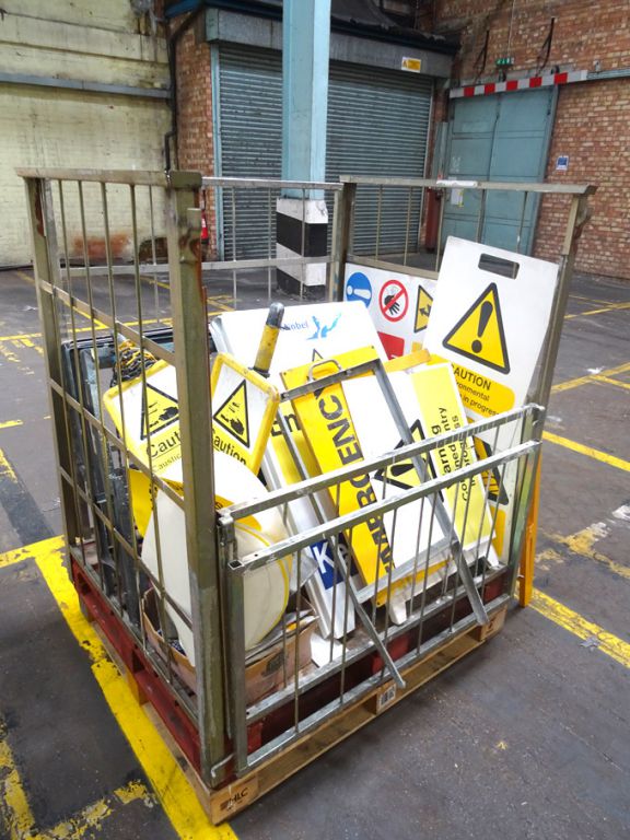 Qty various metal / plastic signs in stillage