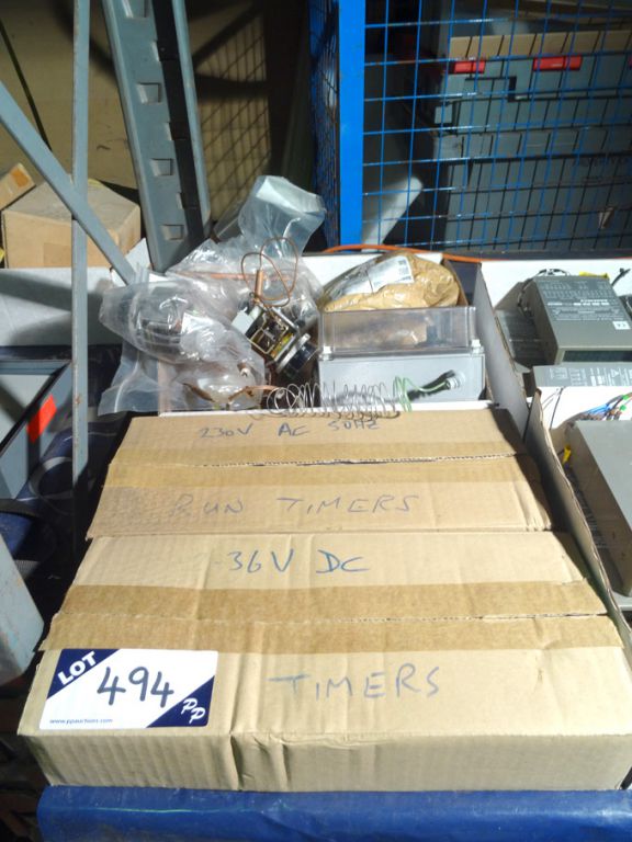 Qty various run timers, 230v, 36v mechanical therm...