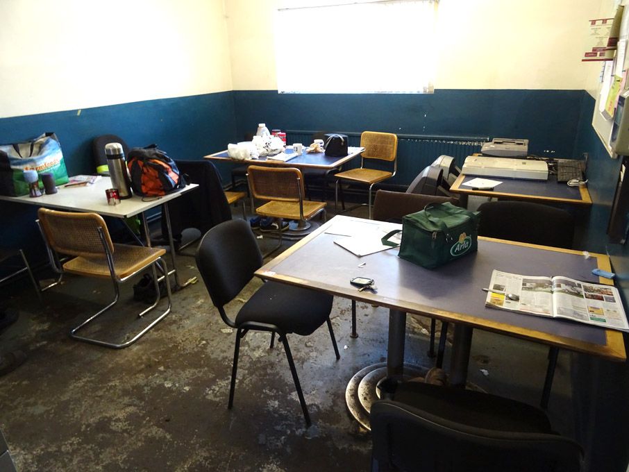 4x canteen tables, 1300x800mm, 10x various wooden...