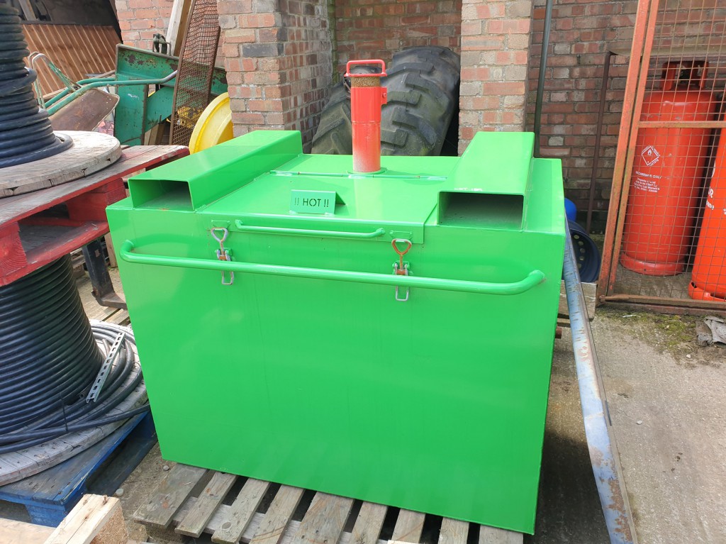 Heavy duty steel hot ash storage unit with hinged...
