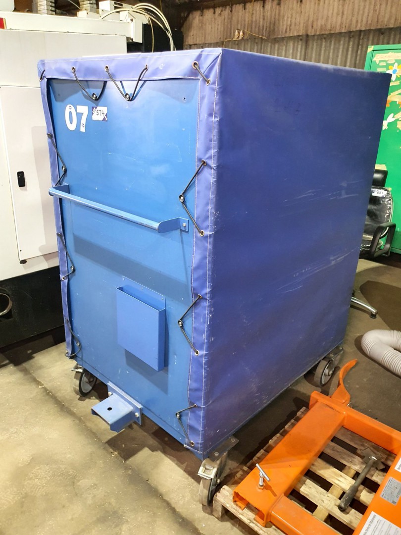 Blue metal frame curtain sided towable multi shelf...