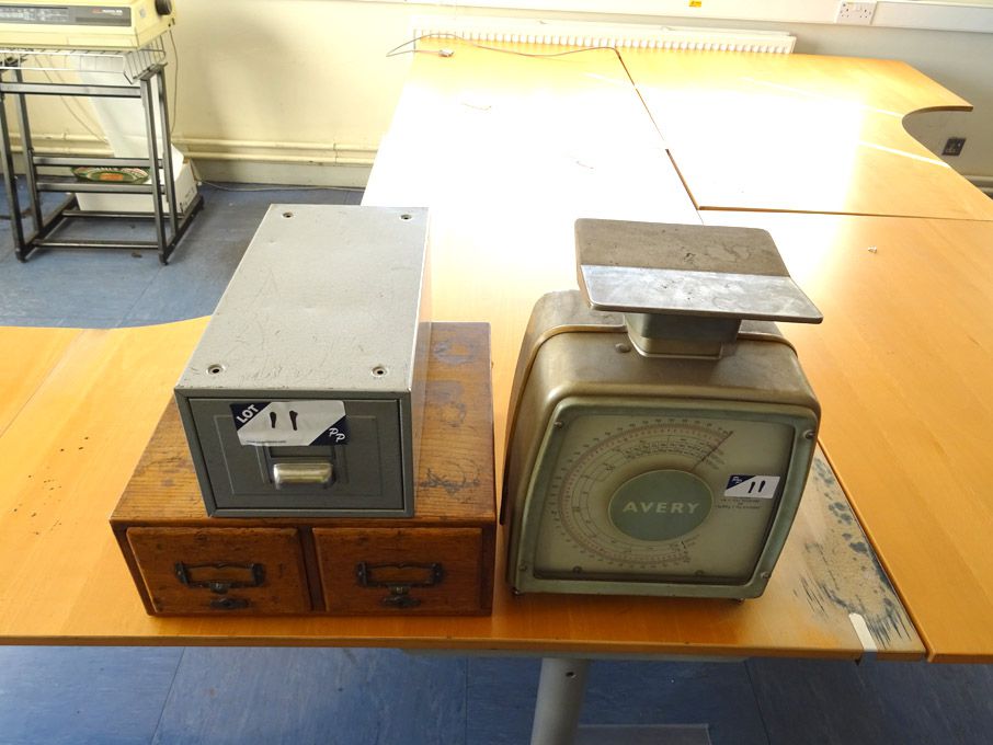 Avery postal scales 1kg max, wooden 2 drawer cabin...