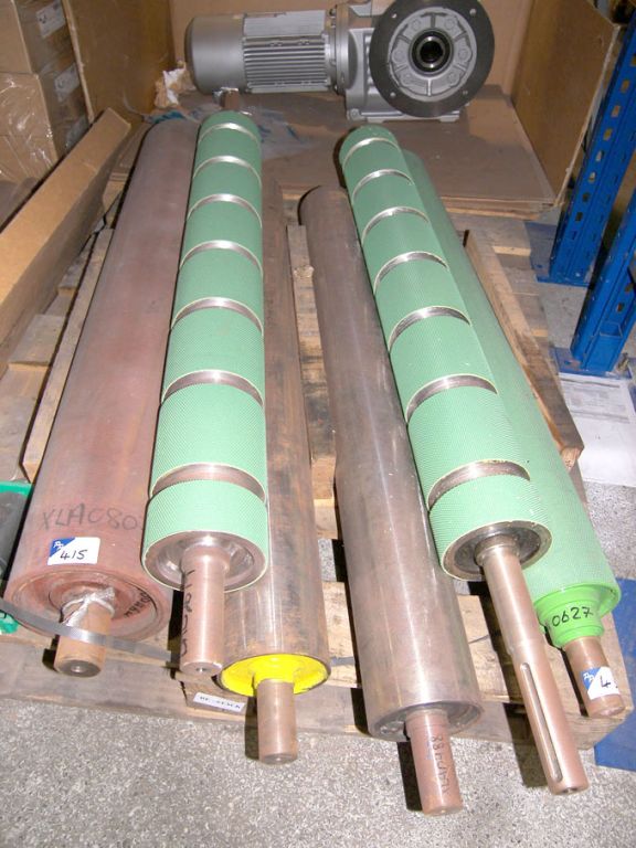 2x rubber coated rollers, 130mm dia x 1130mm long,...
