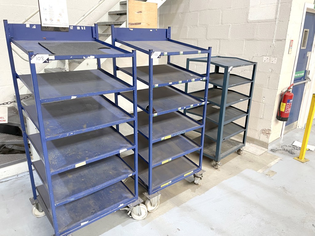 3x various metal mobile multi shelf trolleys, 750x...