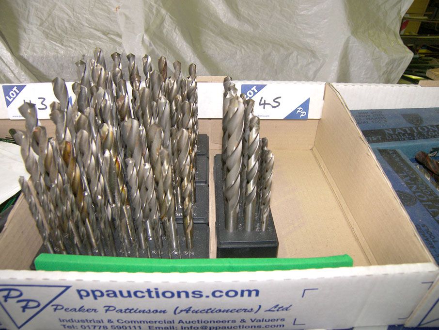 Qty various steel drills in stands to 13/32" appro...