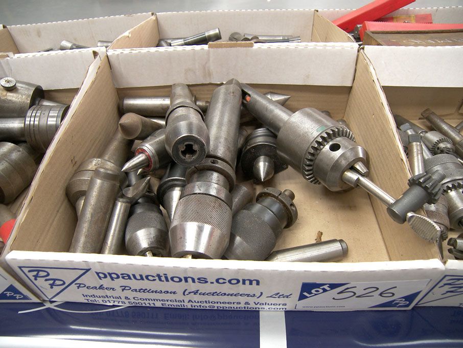 Qty drill chucks, centres, revolving centres etc -...