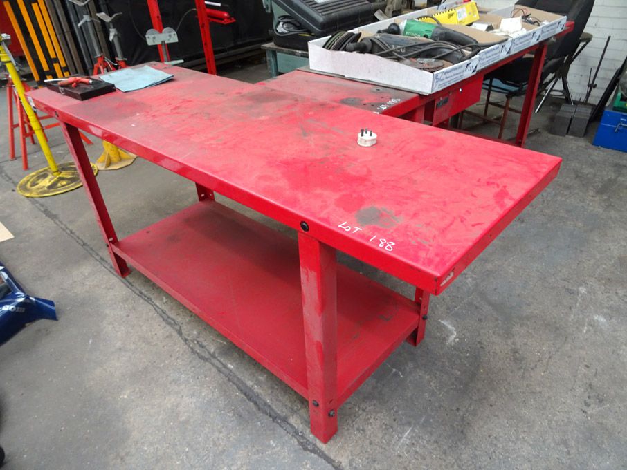 2x Clarke red metal work benches, 2000x650mm