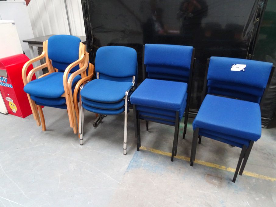 Qty various blue upholstered stackable office chai...