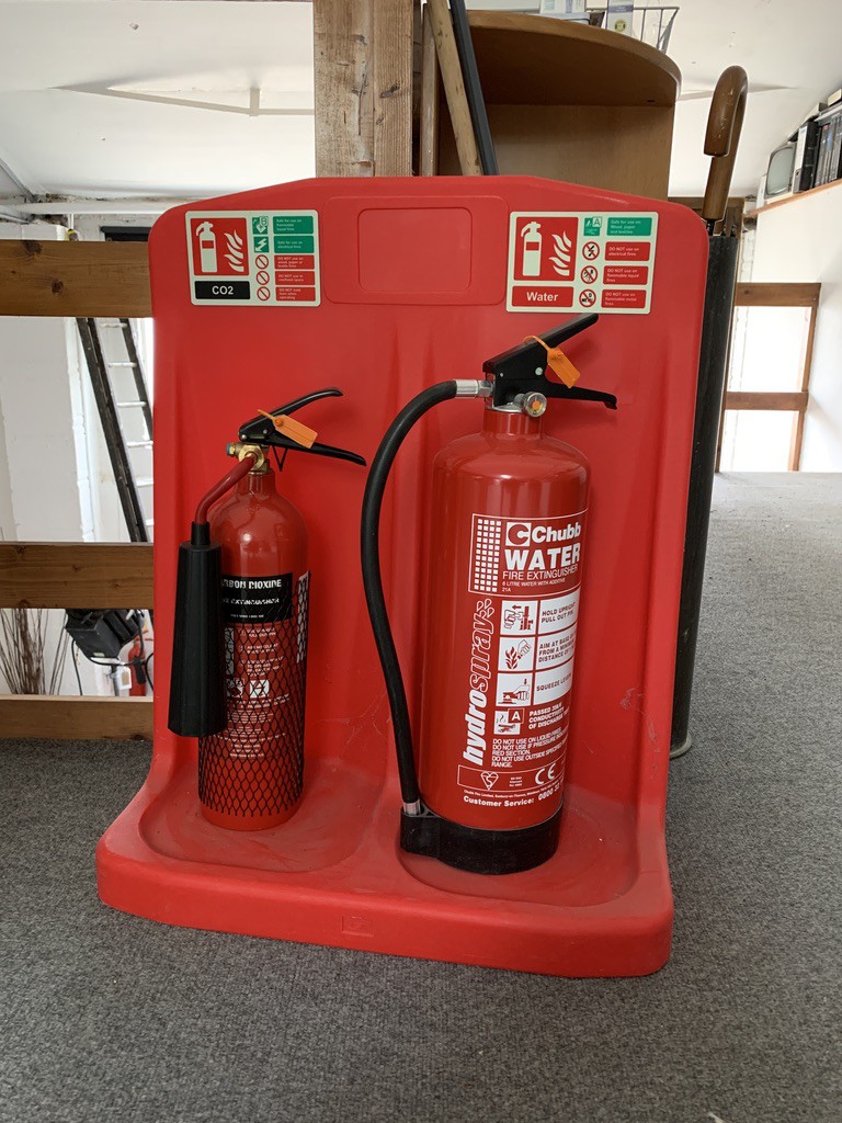 Qty various CO2, water etc fire extinguishers