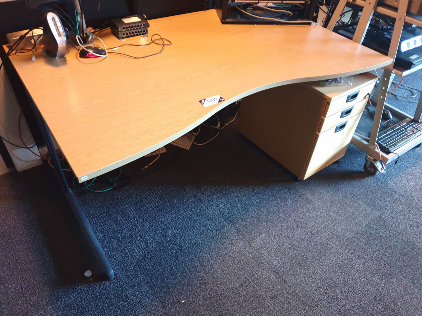 3x light oak wavey office desks inc: pedestal unit...