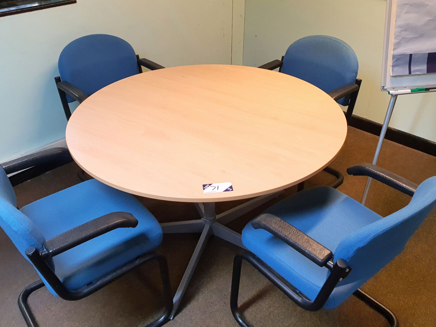 1200mm dia beech effect meeting table with 4x blue...