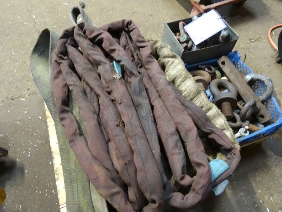 Qty various shackles, slings, eye bolts on pallet