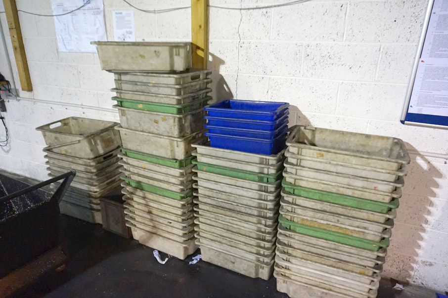 Large Qty plastic stackable boxes, 22x14x6" approx