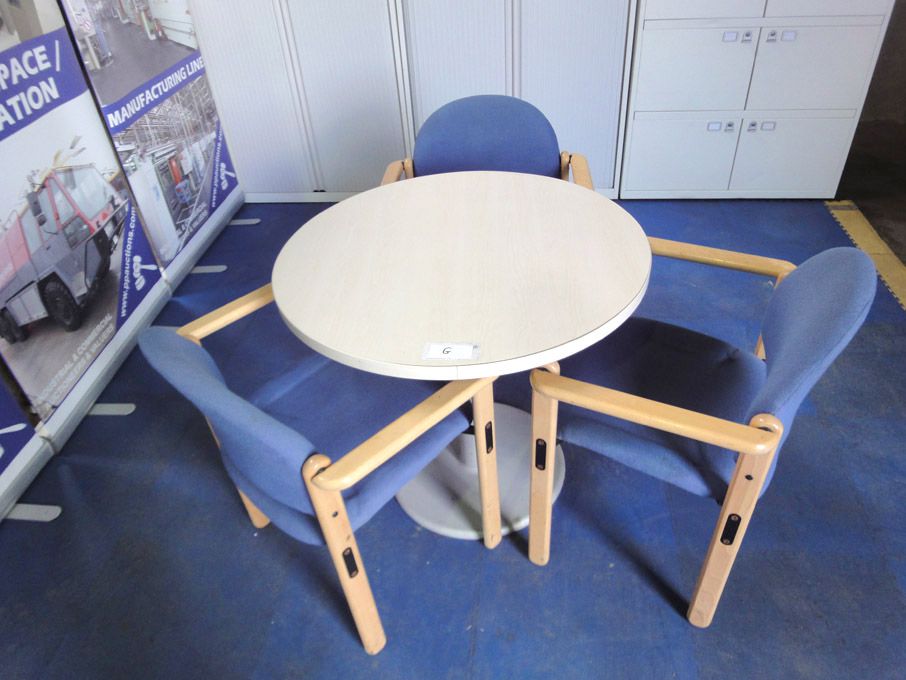 800mm dia round wooden table with 3x Antocks Lairn...