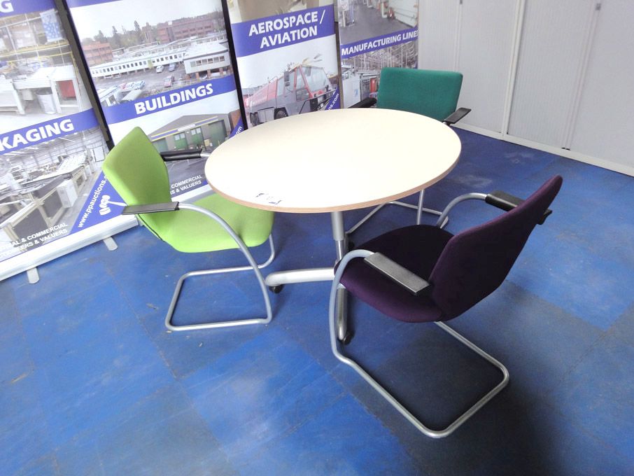 1000mm dia round wooden table (on castors) with 3x...