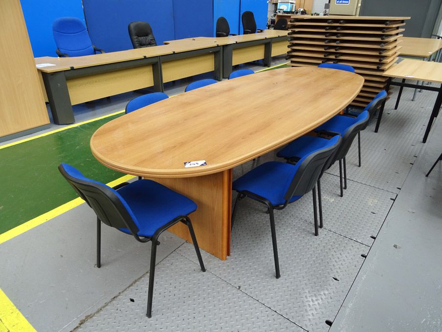 3000x1200mm oval meeting table with 8x blue uphols...