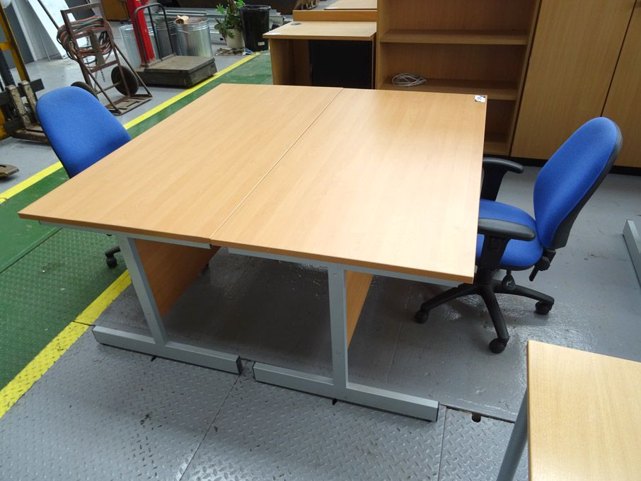 2x maple office desks, 1600x800mm with 2x blue uph...