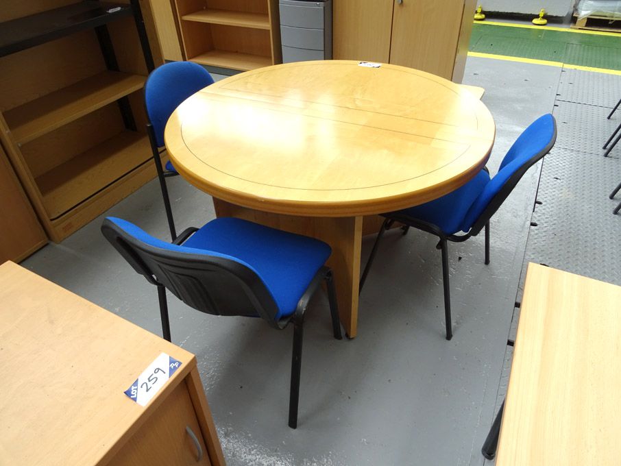 1200mm dia meeting table with 3x blue upholstered...