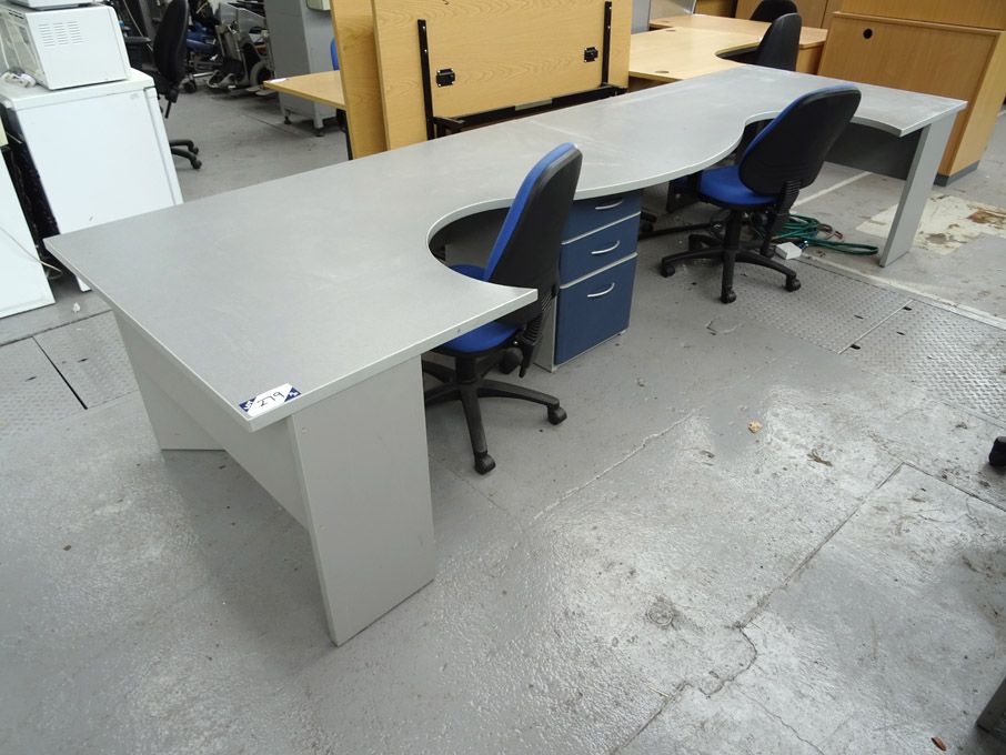 2x grey / blue wavy office desk, 1800x1140mm, buil...