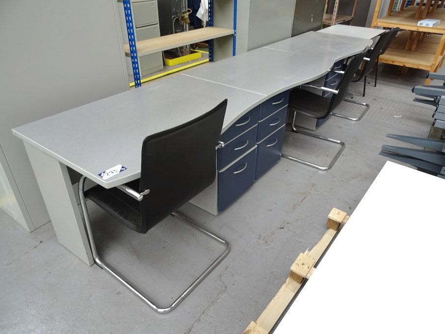 3x grey wavy office desks, 3x black leather effect...