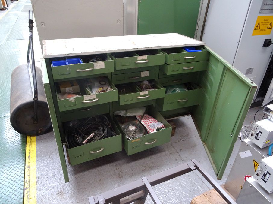 Metal multidrawer storage cupboard inc contents: p...