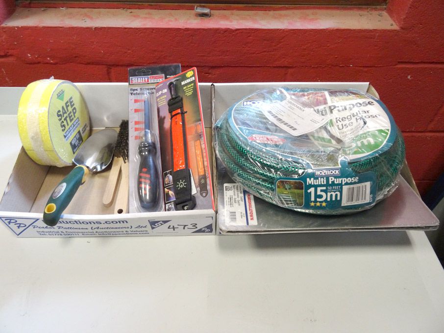 Qty various tools including wire brushes, garden h...