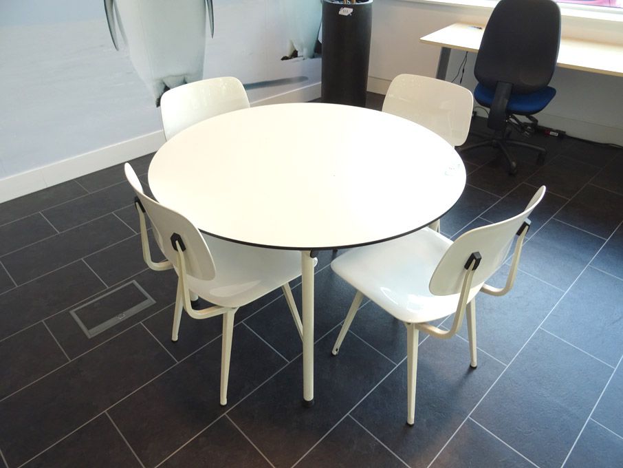 Ahrend 1100mm dia white canteen table with 4x Ahre...