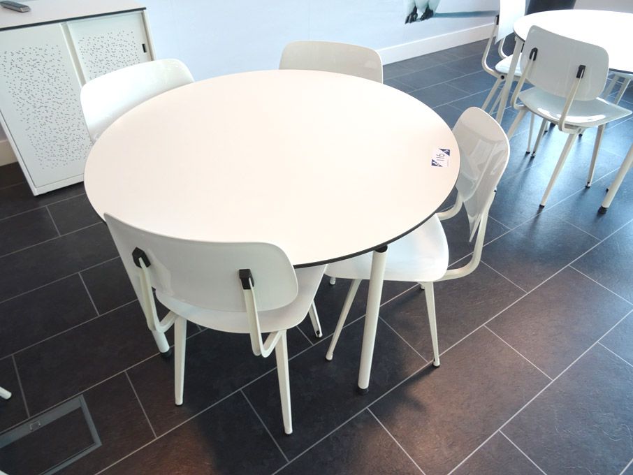 Ahrend 1100mm dia white canteen table with 4x Ahre...