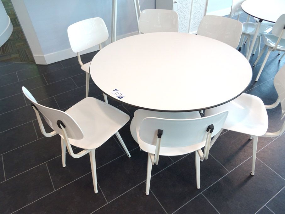 Ahrend 1100mm dia white canteen table with 6x Ahre...