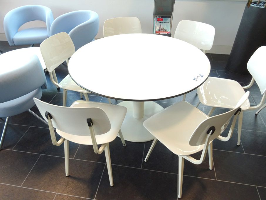 Ahrend 1100mm dia white canteen table with 6x Ahre...