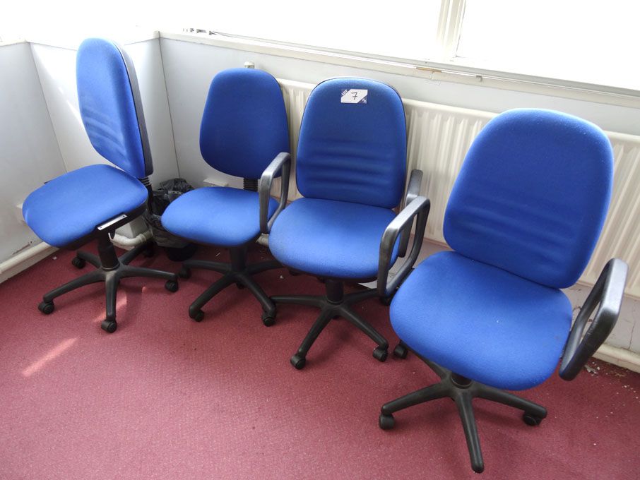 4x blue upholstered swivel office chairs