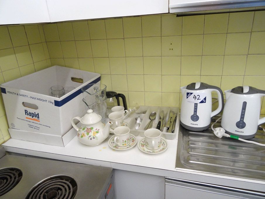 Phillips electric kettle & Qty various cups, sauce...