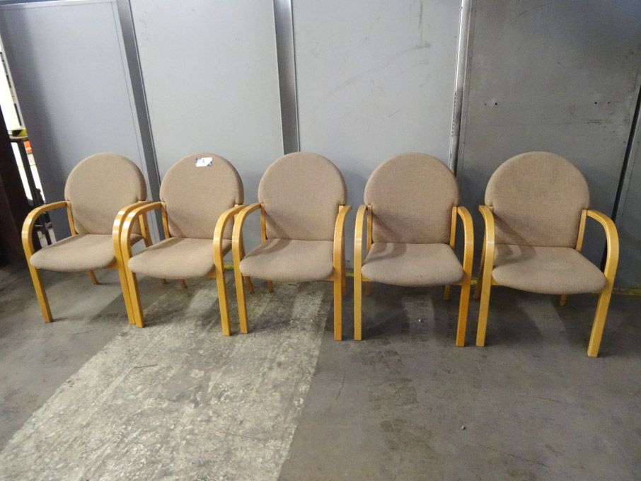 5x light brown upholstered wooden legged chairs