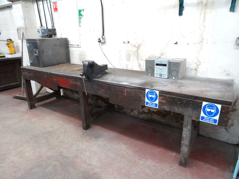 3350x760mm metal topped wooden framed workbench, h...