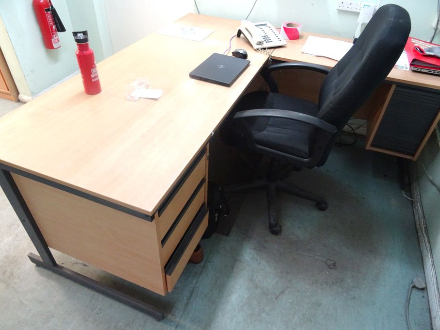 70x68" maple 'L' shaped pedestal desk with swivel...