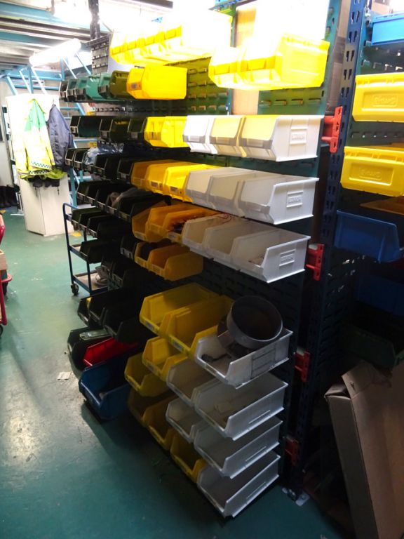 6x wall mounted plastic storage bin racks with Qty...
