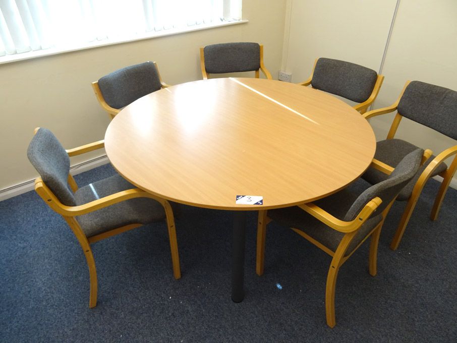 1400mm dia beech table with 6x upholstered / woode...