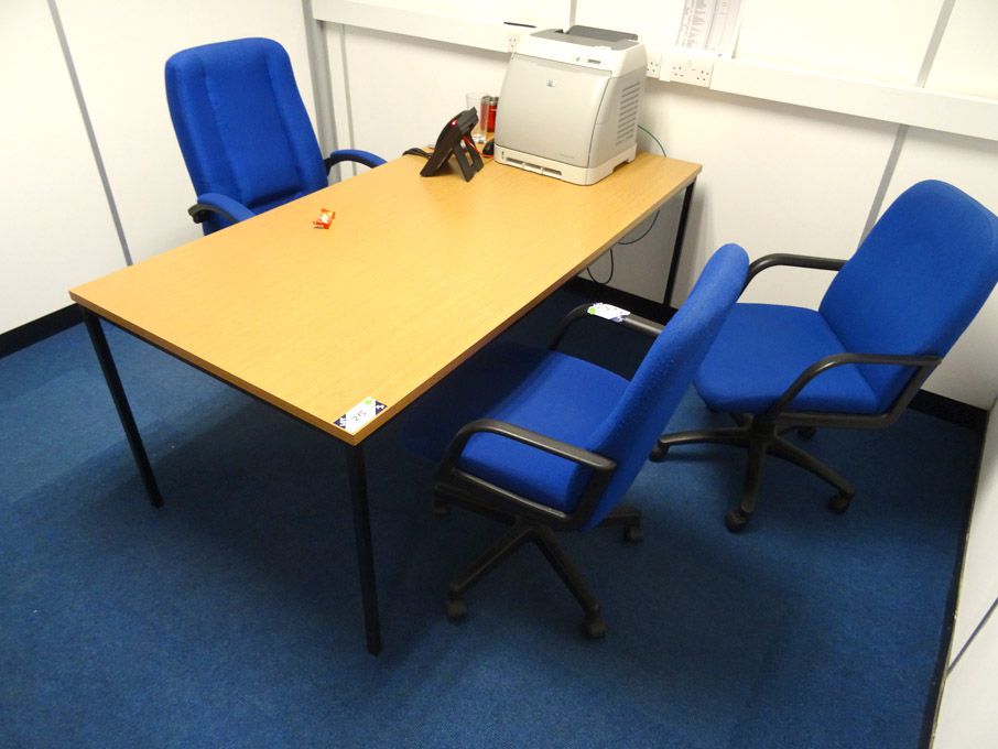 1800x900mm oak effect table with 3x blue upholster...