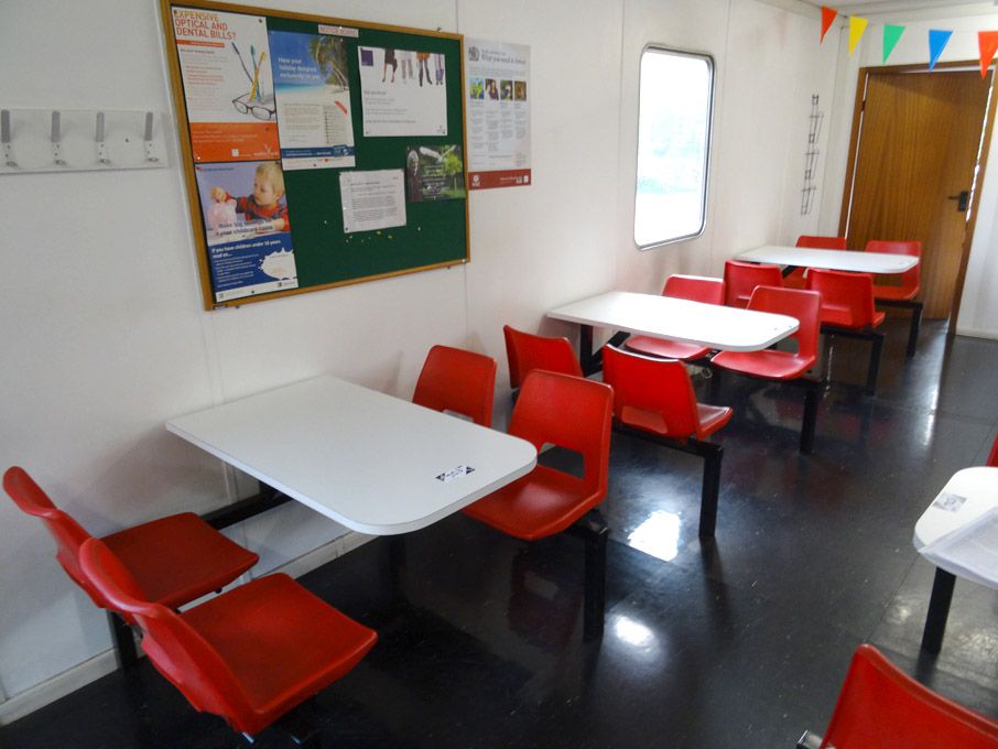 4x white / red / black 4 seater canteen tables