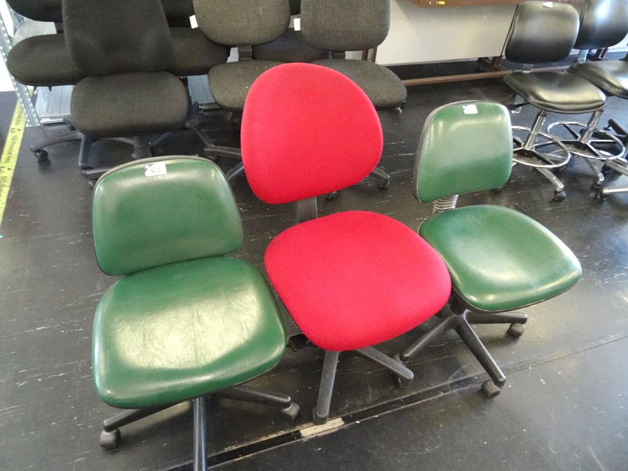 3x various green / red swivel office chairs
