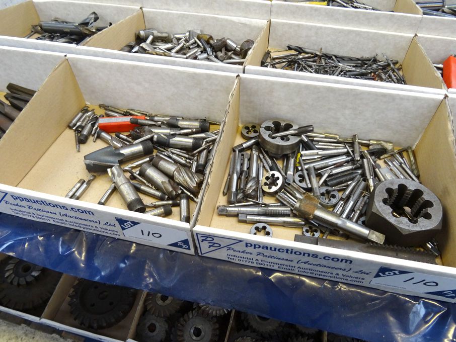 Qty HSS various taps / dies, end mills in 2 boxes...