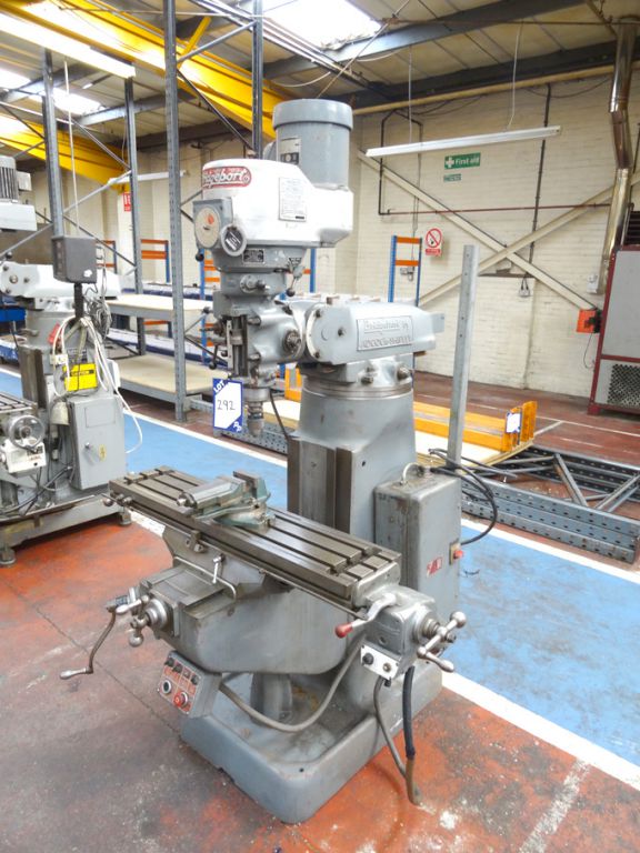 Bridgeport turret milling machine, 42x9" table, po...