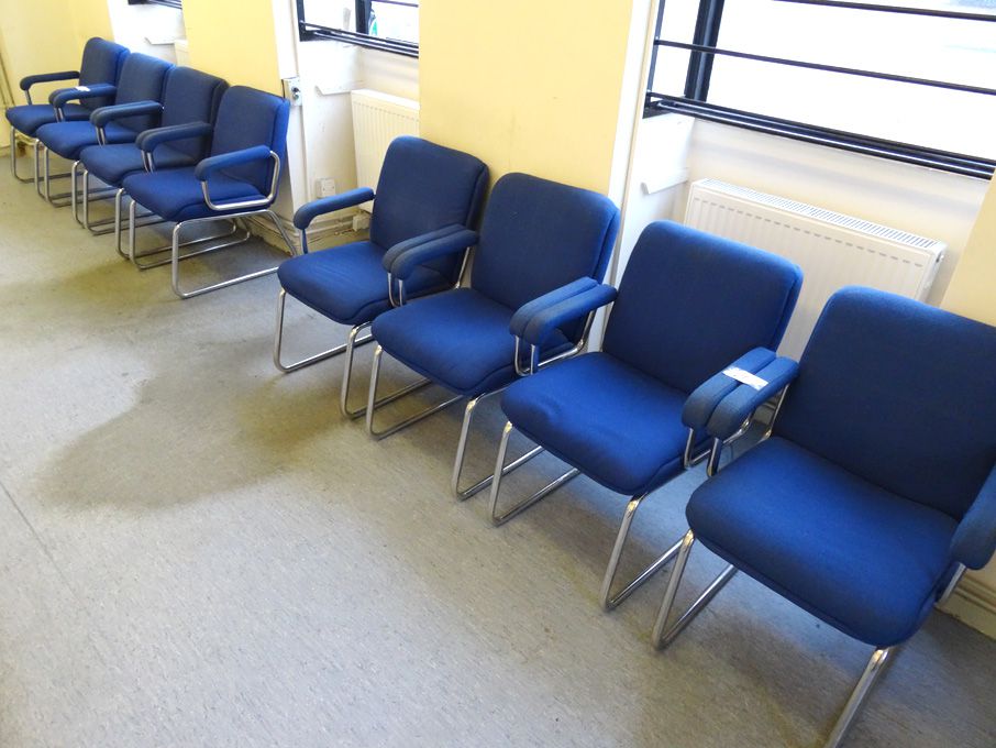 8x navy blue upholstered chrome legged office chai...