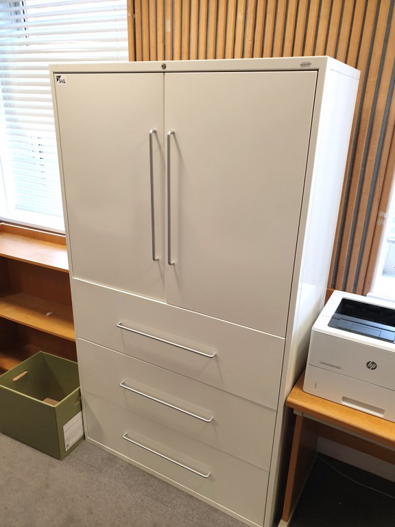 2x white metal 2 door, 3 drawer storage cabinet, 1...