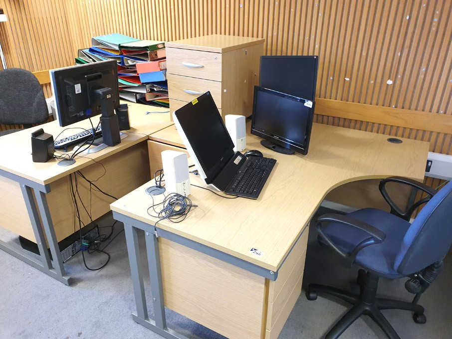 2x light oak 'L' shape office desks with various S...
