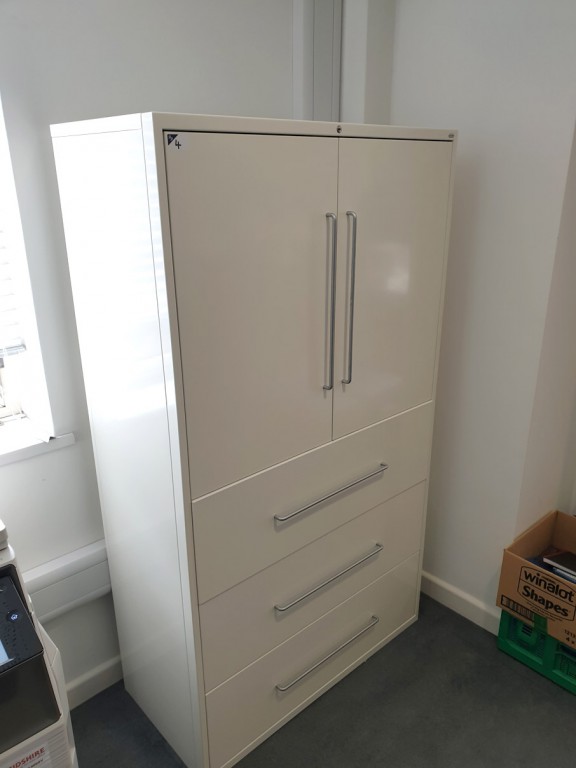 2x white metal 2 door, 3 drawer storage cabinet, 1...