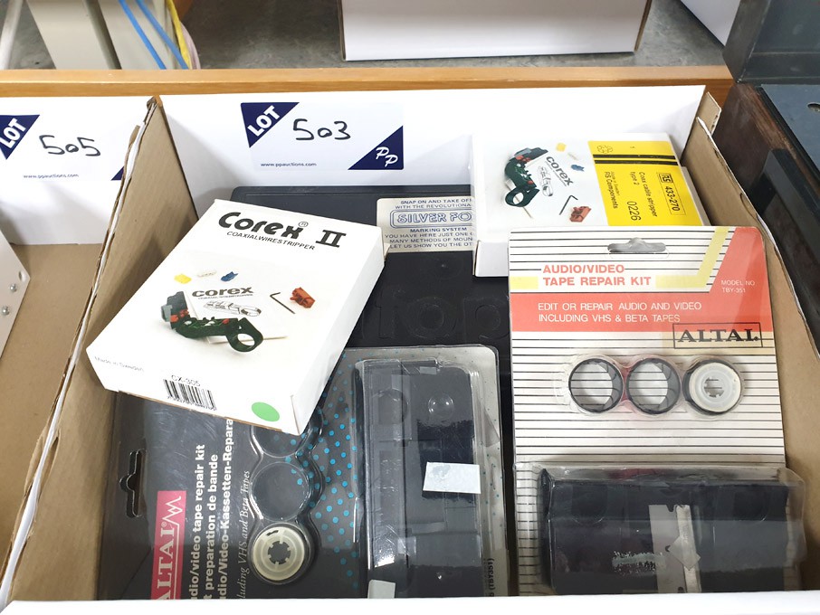 Qty various audio tape repair kit, Corex coaxial w...